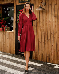 Wine Red Satin V Neck Midi Dress | Rihoas