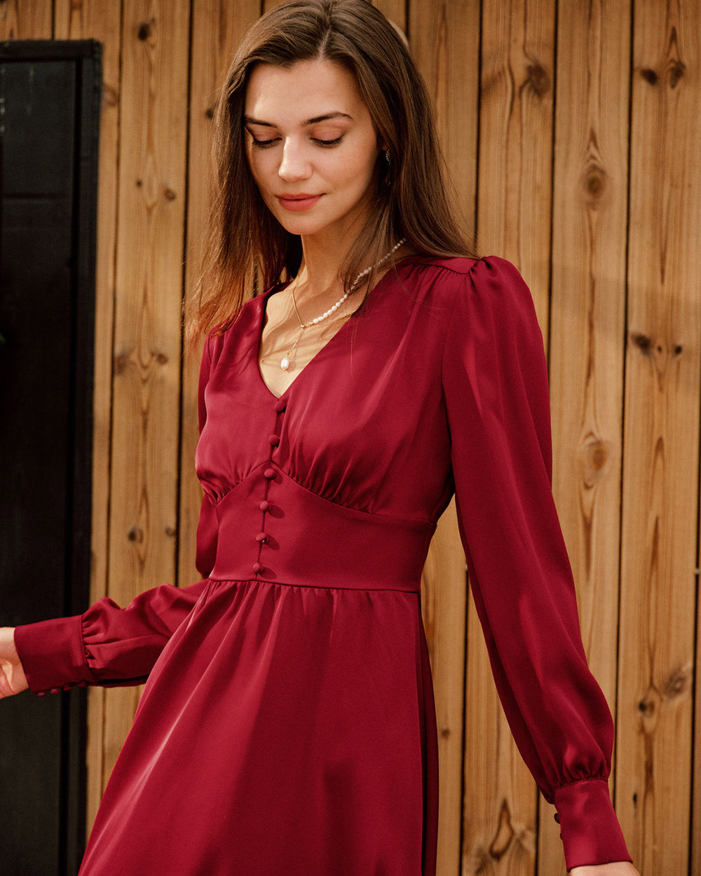 Wine Red Satin V Neck Midi Dress | Rihoas