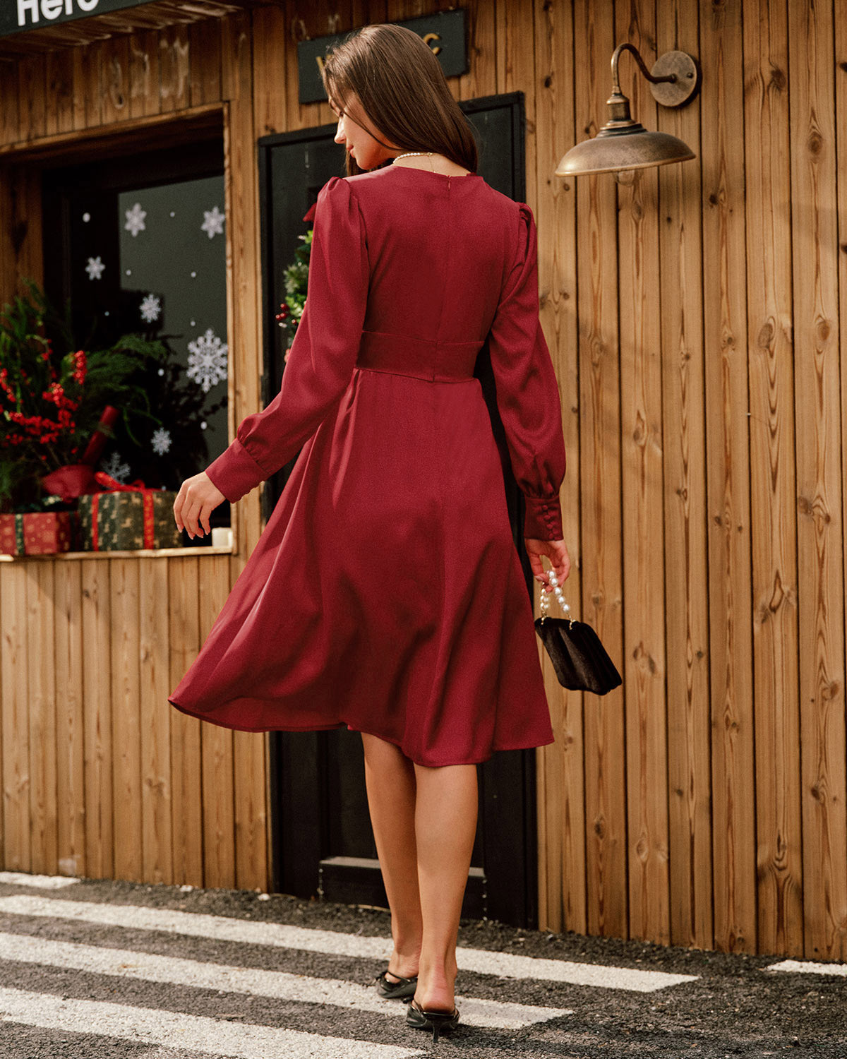 Wine Red Satin V Neck Midi Dress | Rihoas