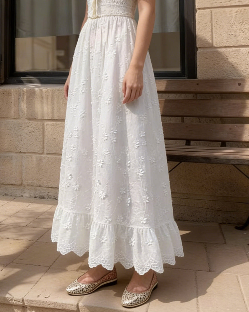 White Floral Elastic Waist Midi Skirt | Rihoas