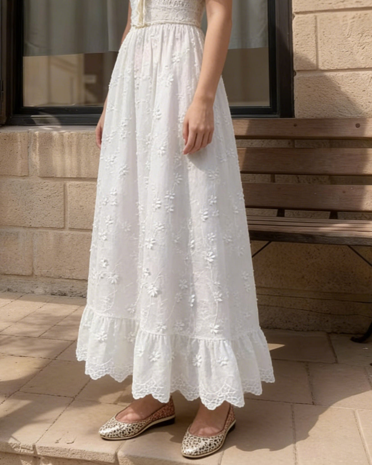 White Floral Elastic Waist Midi Skirt | Rihoas