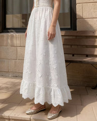 White Floral Elastic Waist Midi Skirt | Rihoas