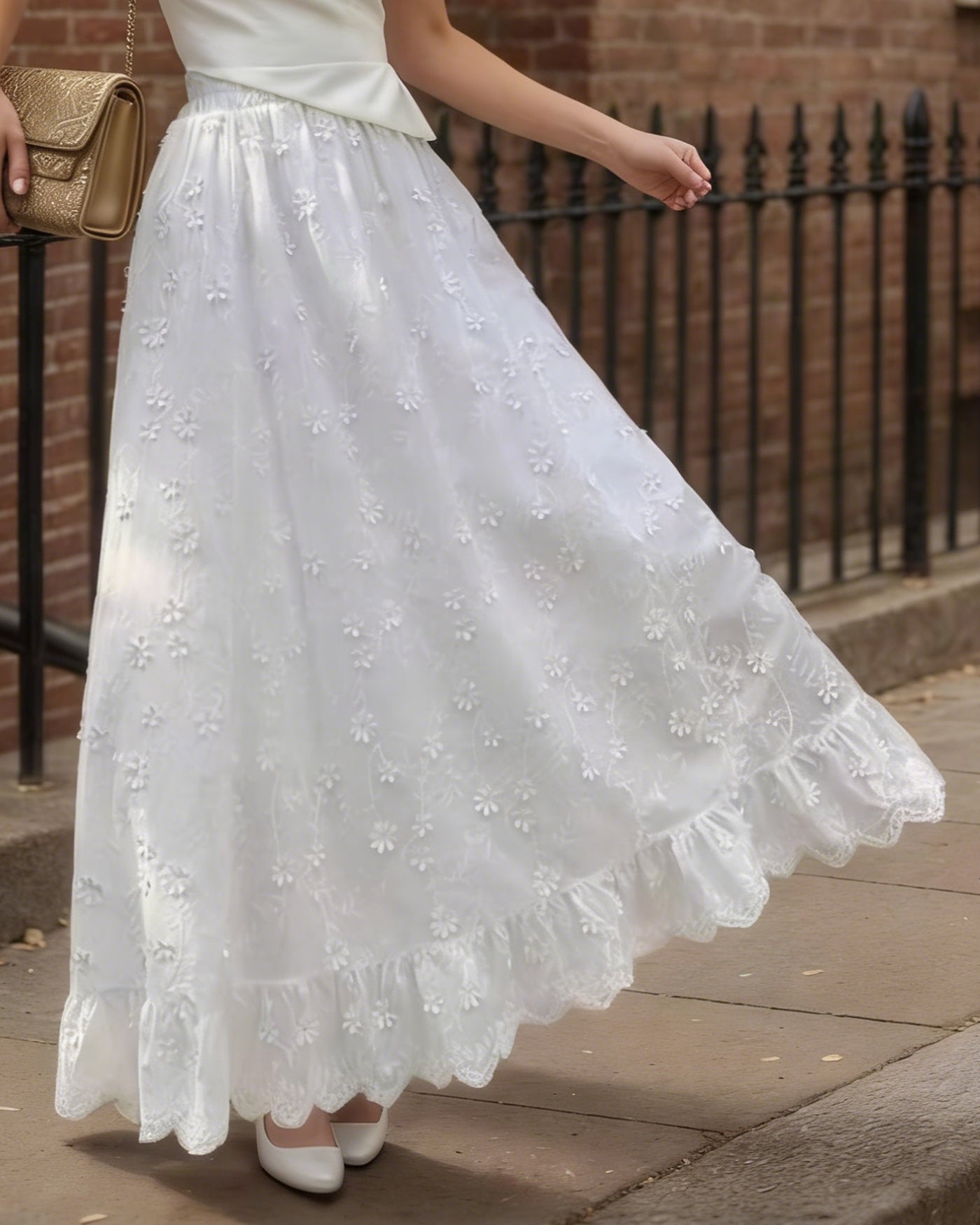 White Floral Elastic Waist Midi Skirt | Rihoas