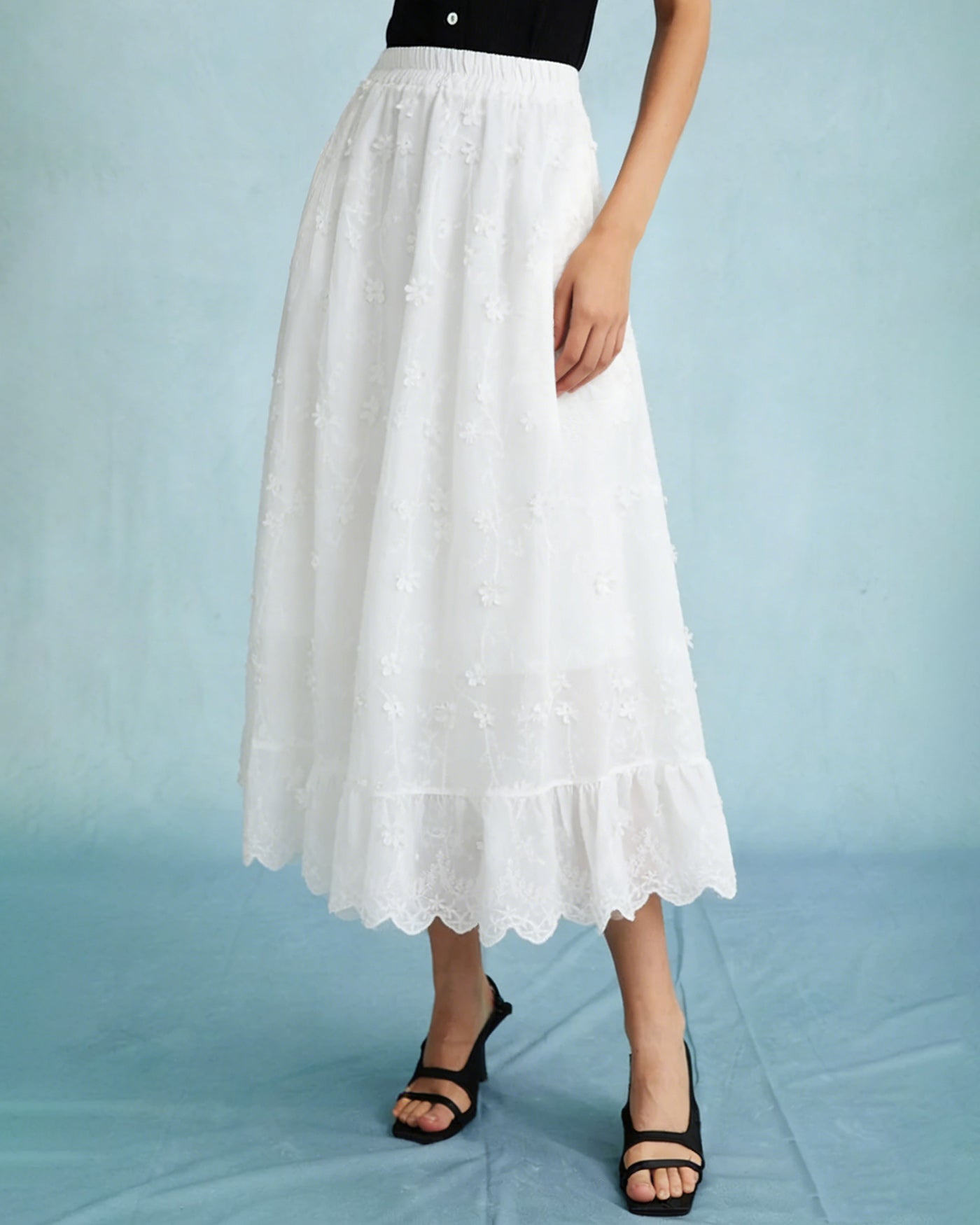 White Floral Elastic Waist Midi Skirt | Rihoas