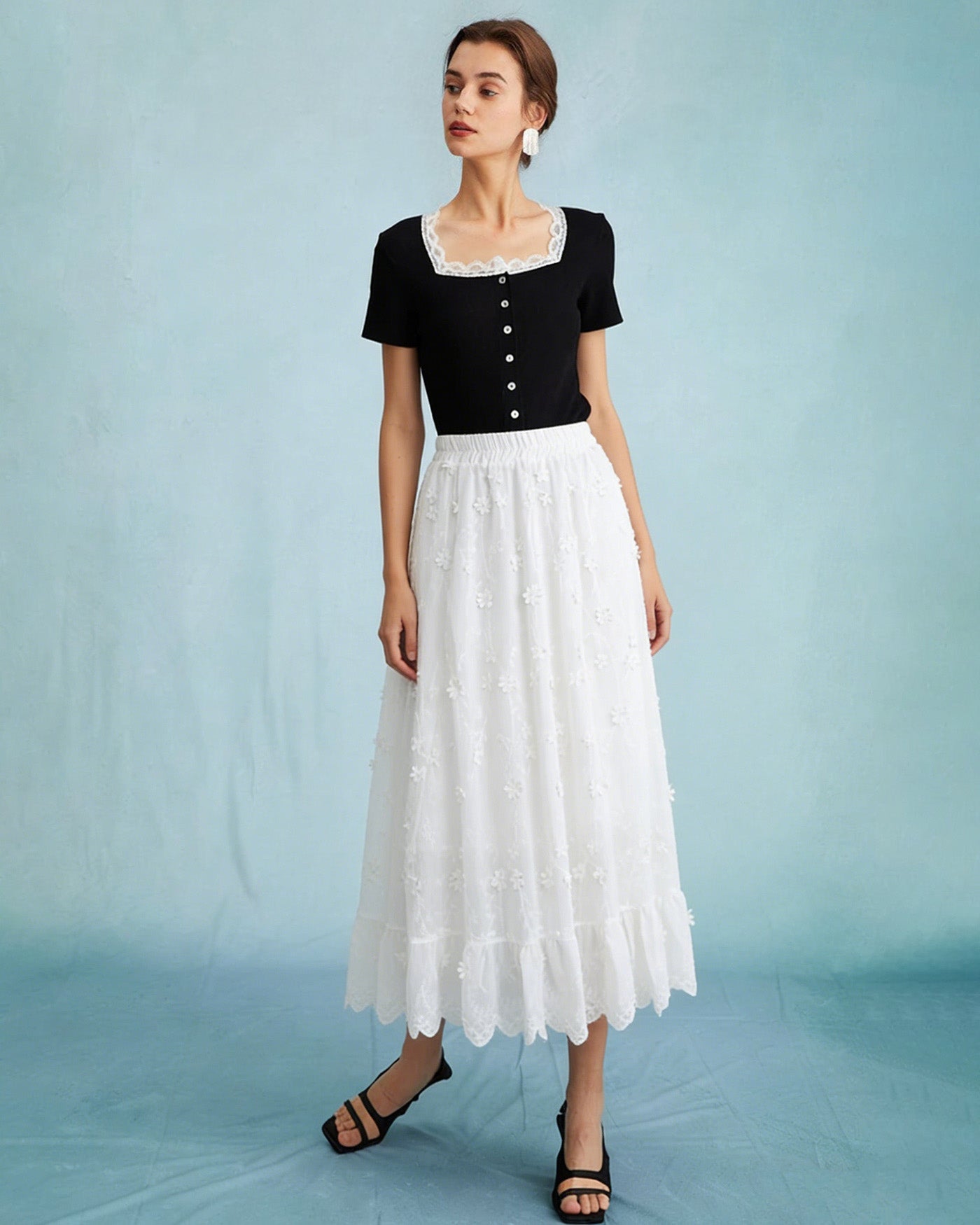 White Floral Elastic Waist Midi Skirt | Rihoas