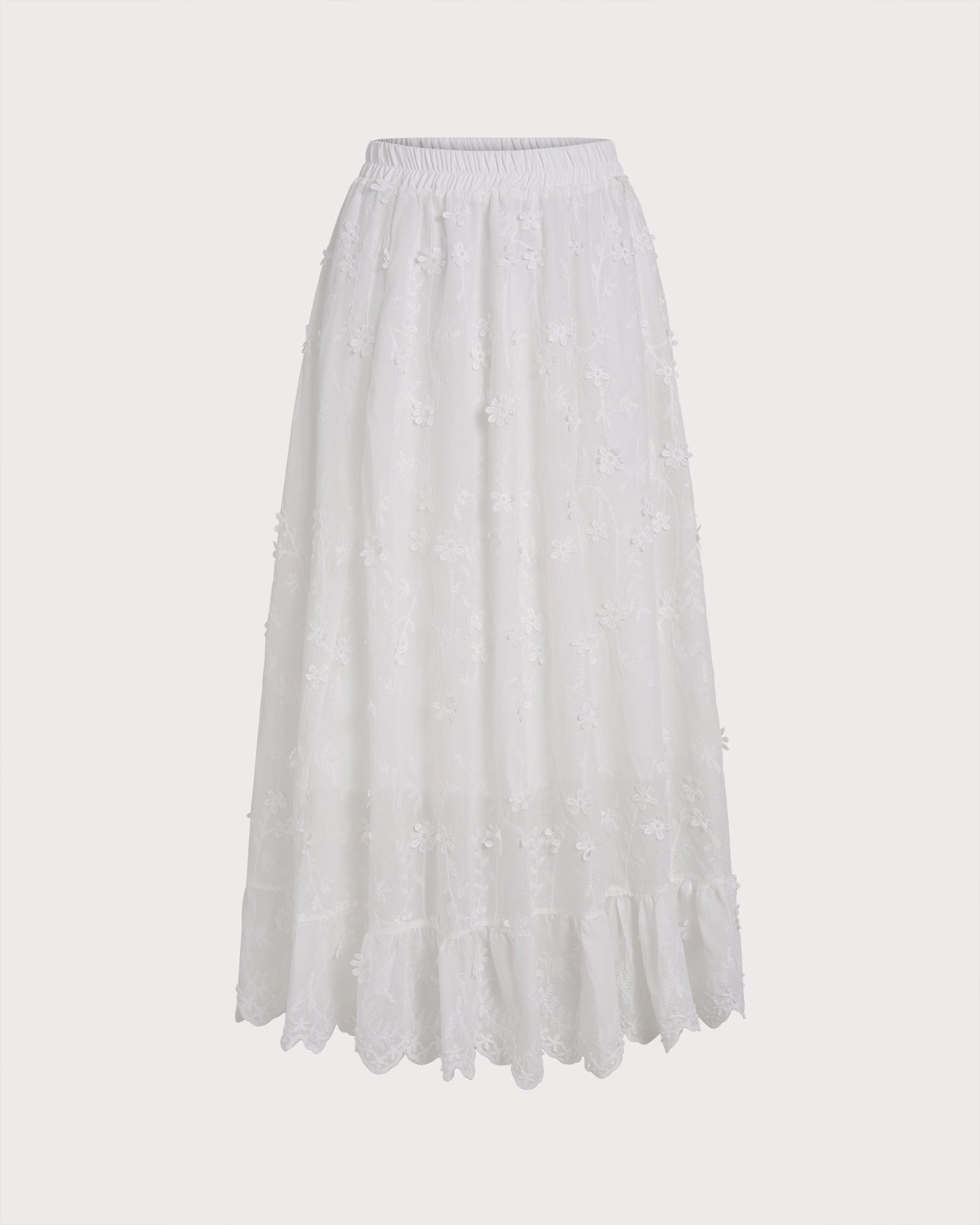 White Floral Elastic Waist Midi Skirt | Rihoas