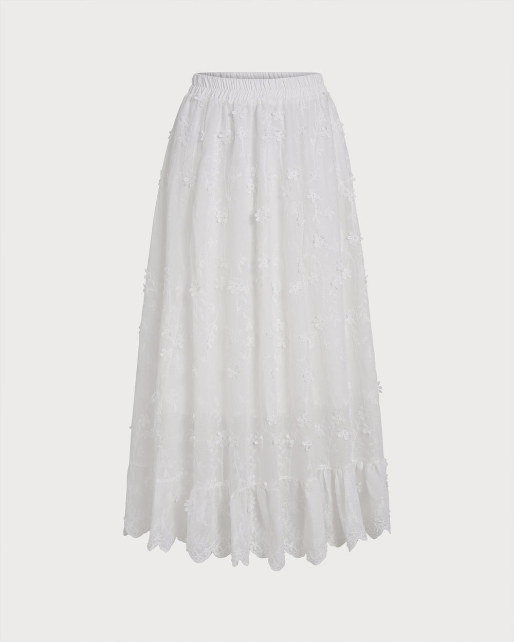 White Floral Elastic Waist Midi Skirt | Rihoas