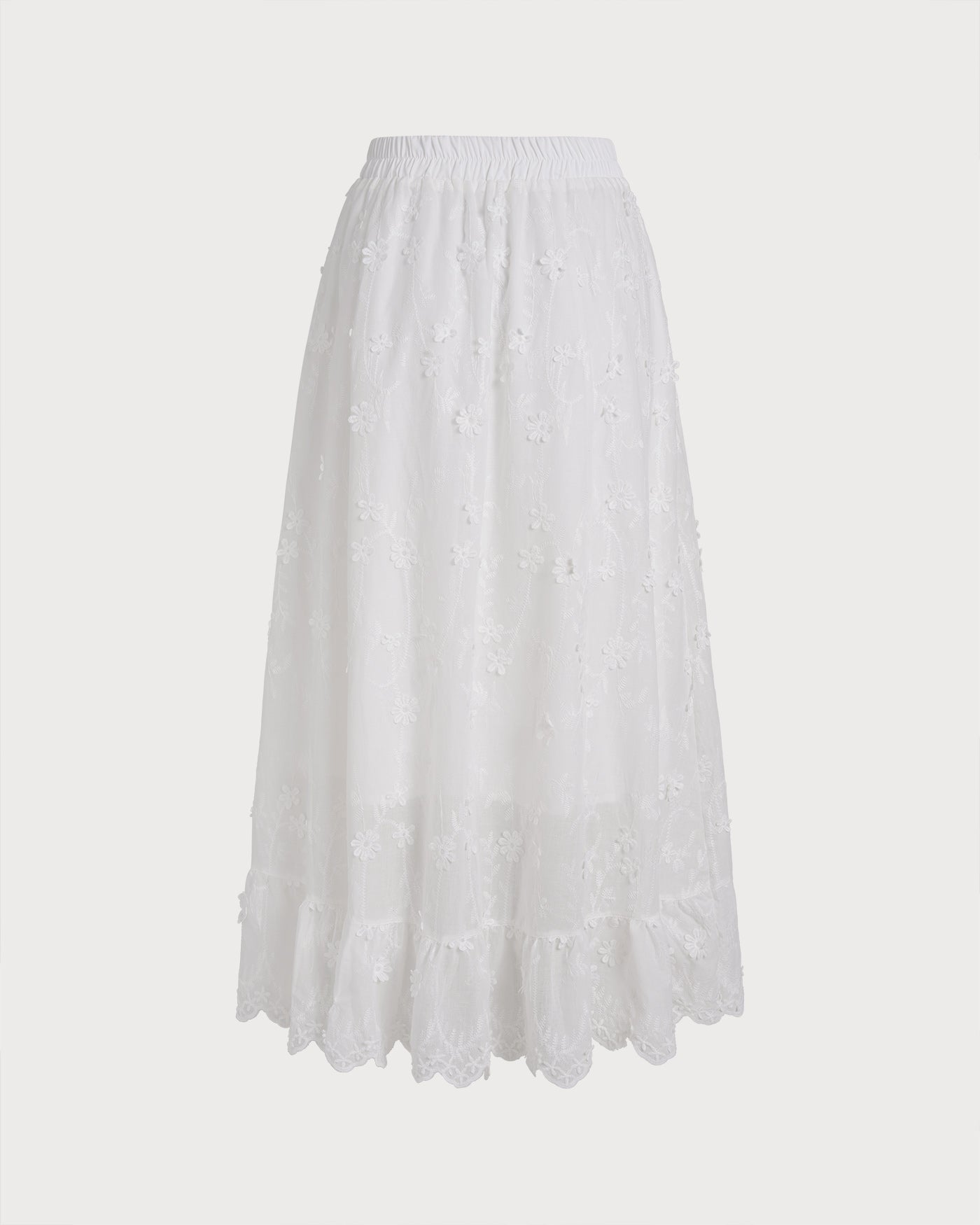 White Floral Elastic Waist Midi Skirt | Rihoas