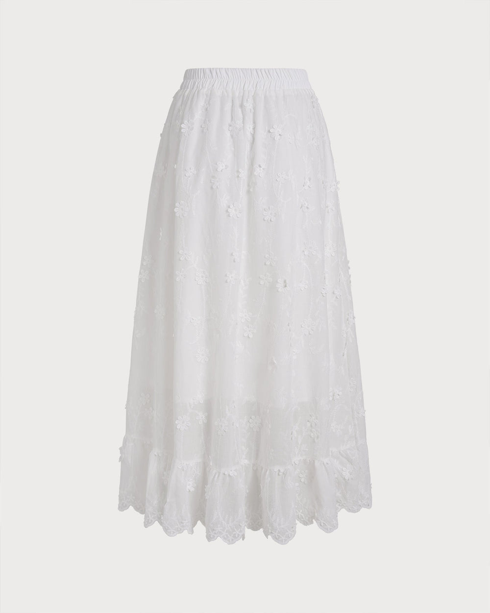White Floral Elastic Waist Midi Skirt | Rihoas