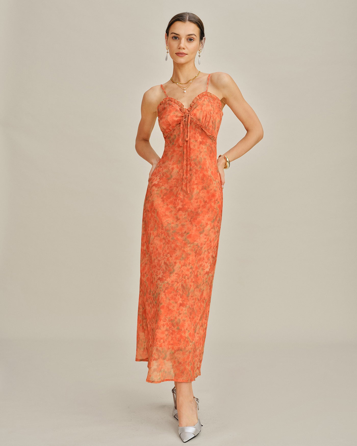 Orange Floral A-Line Slip Maxi Dress | Rihoas