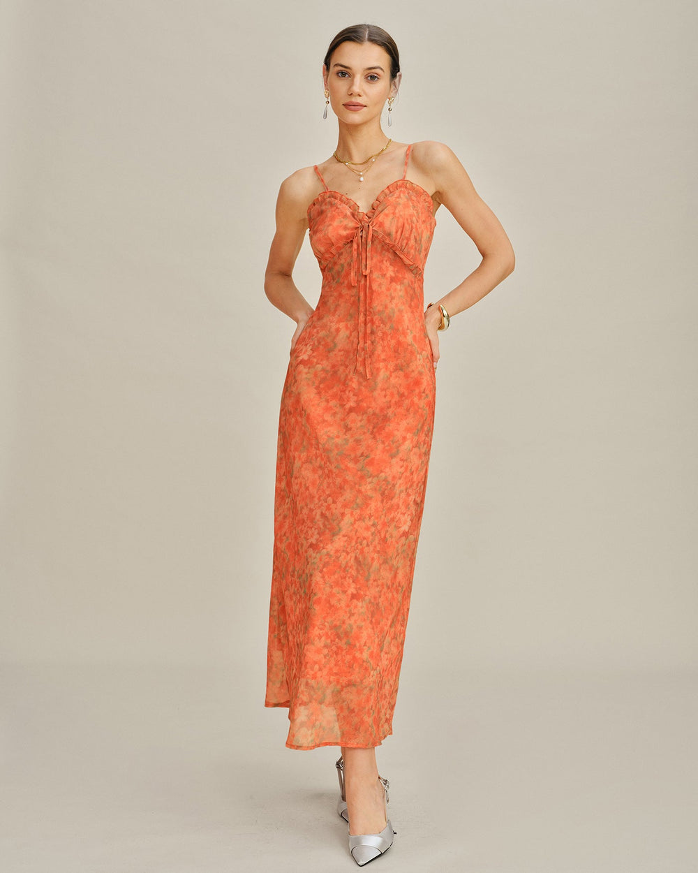 Orange Floral A-Line Slip Maxi Dress | Rihoas