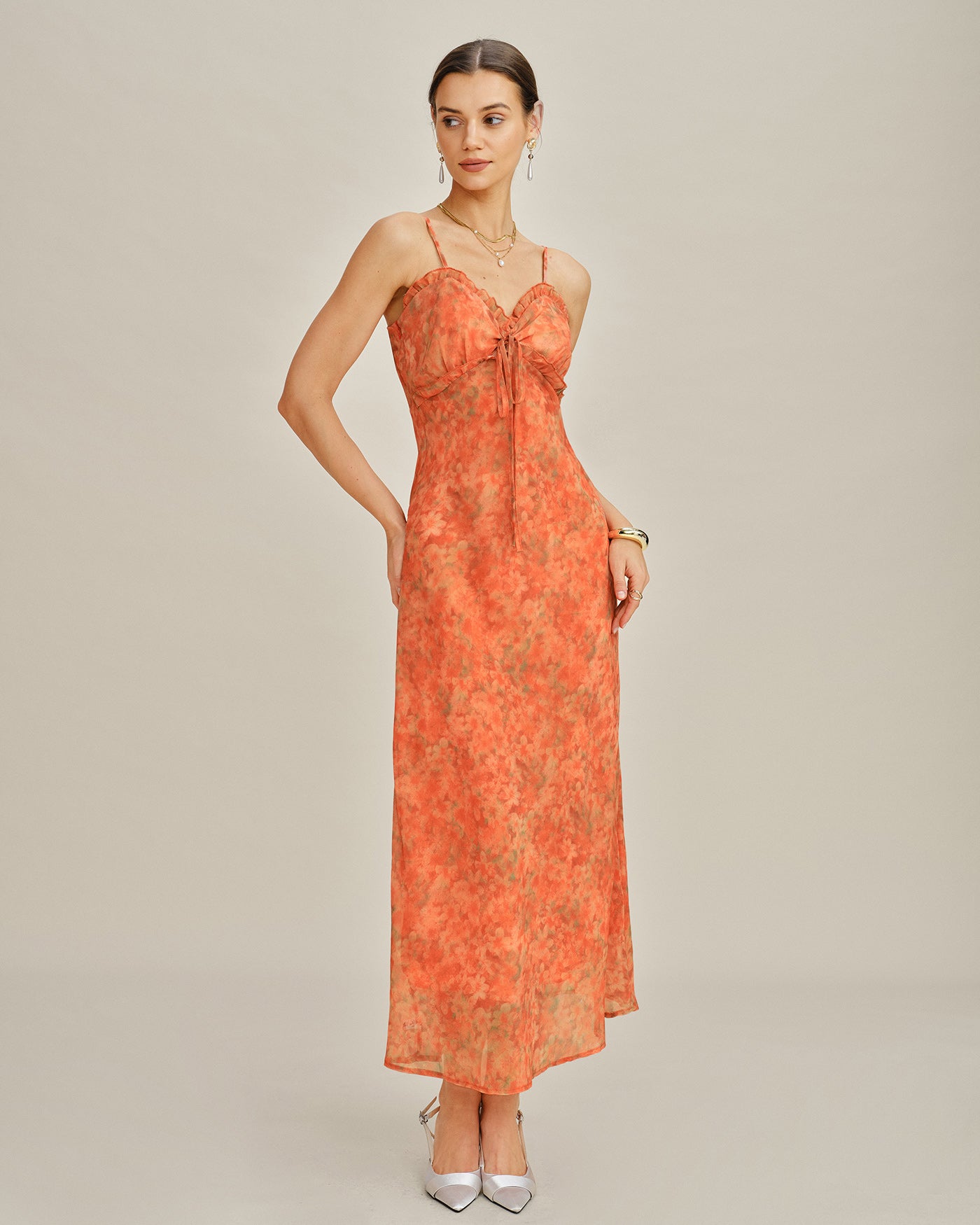 Orange Floral A-Line Slip Maxi Dress | Rihoas