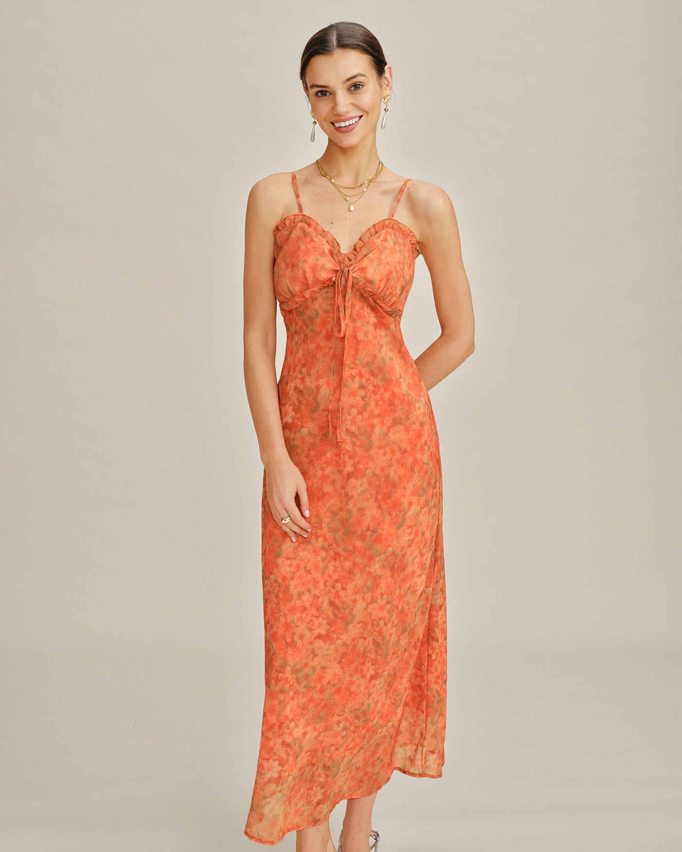 Orange Floral A-Line Slip Maxi Dress | Rihoas