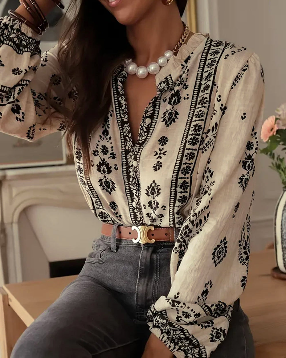 Apricot Floral Ruffled Bishop Sleeve Shirt | Rihoas