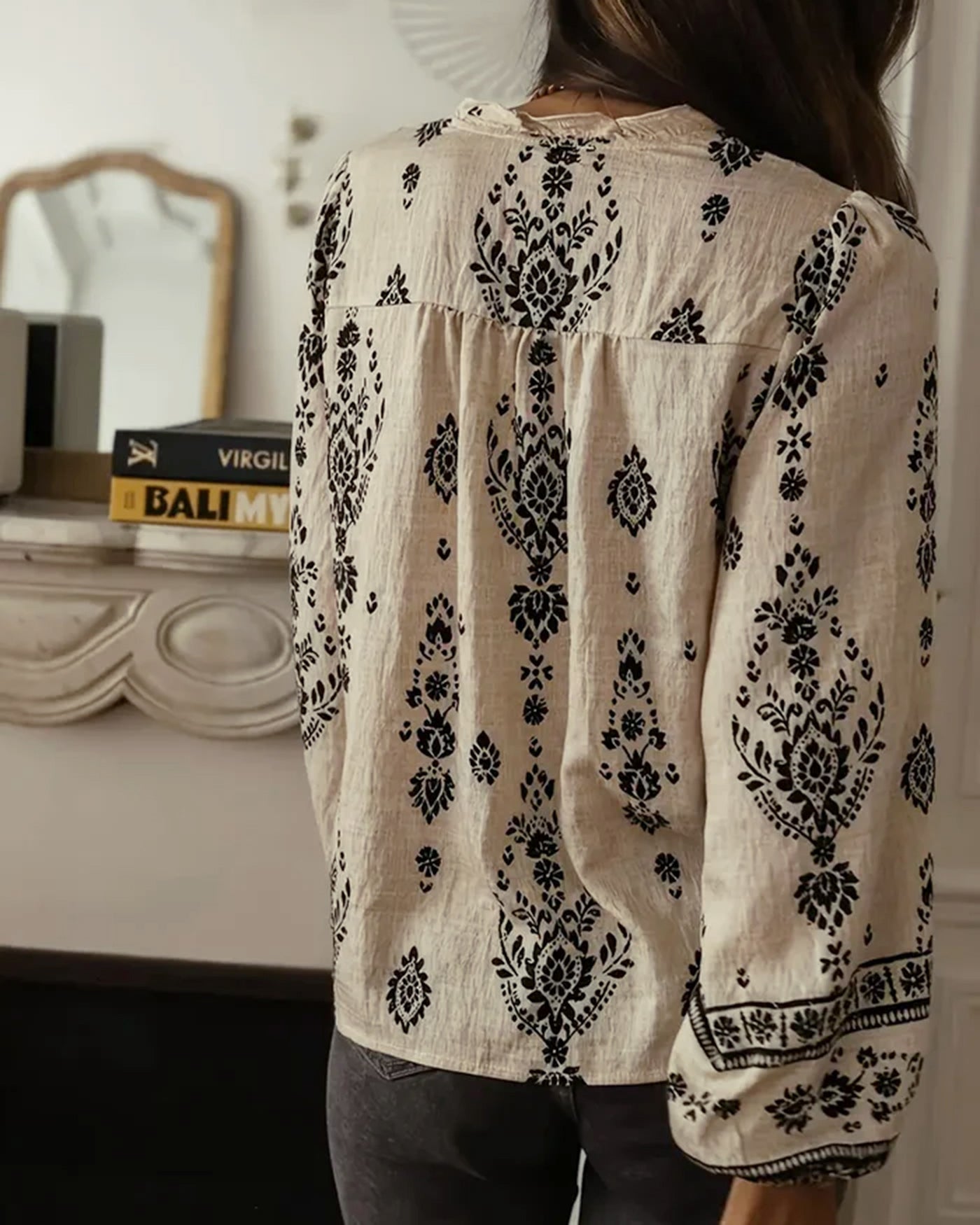 Apricot Floral Ruffled Bishop Sleeve Shirt | Rihoas