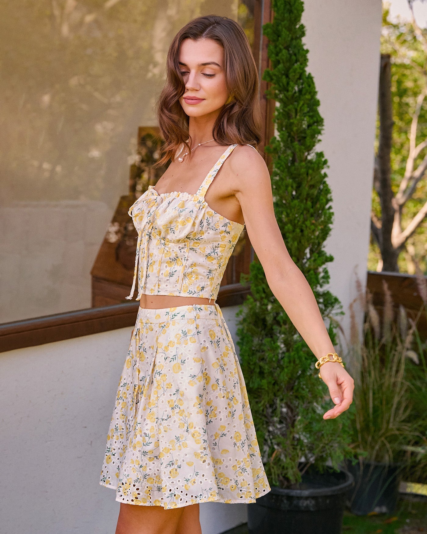 Yellow Sweetheart Neck Embroidery Cami Top | Rihoas