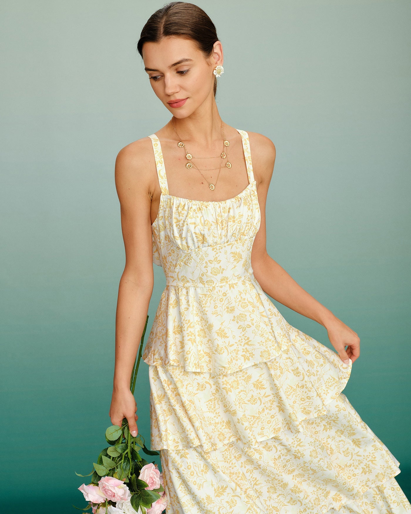 Yellow Floral Ruched Slip Maxi Dress | Rihoas