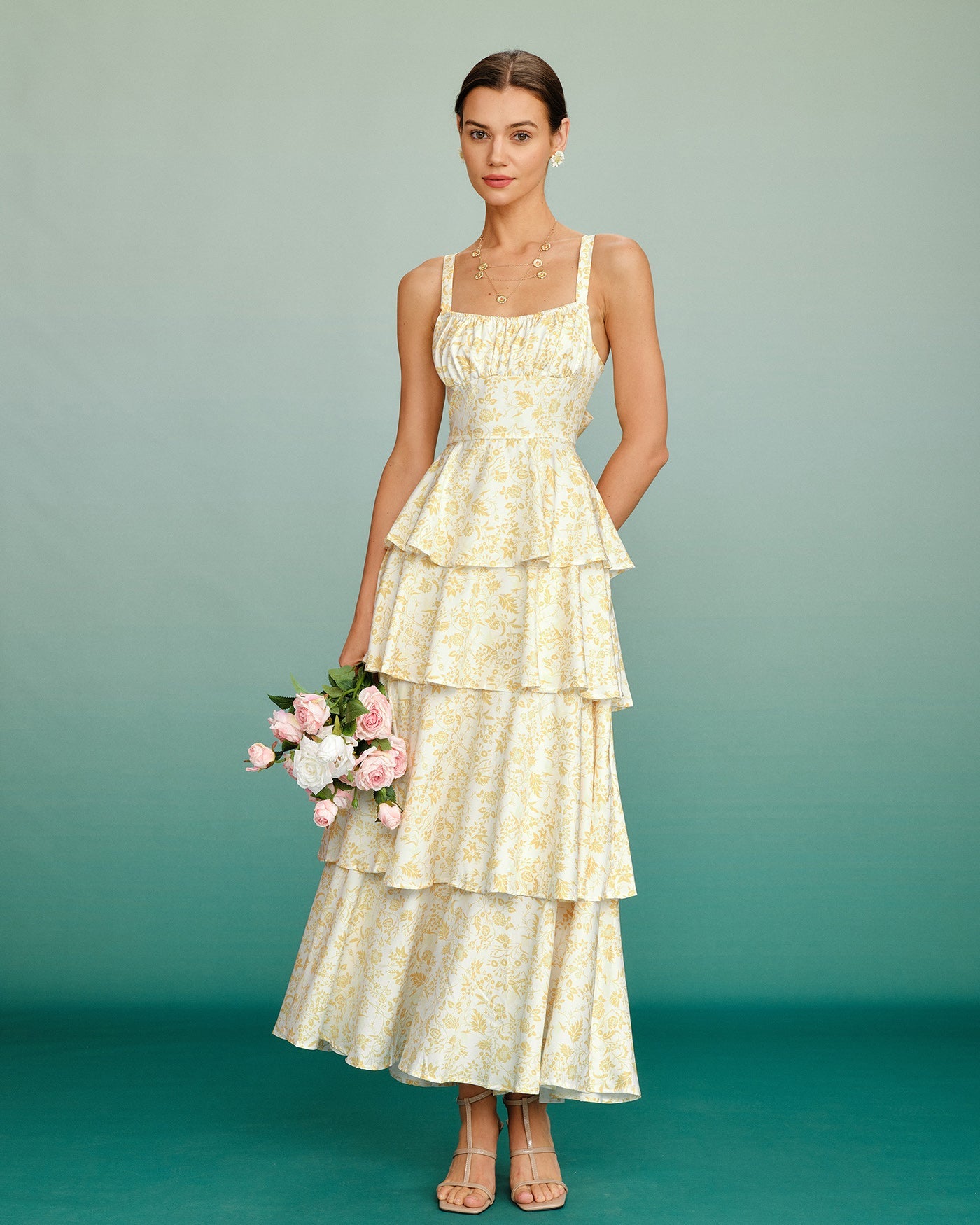 Yellow Floral Ruched Slip Maxi Dress | Rihoas