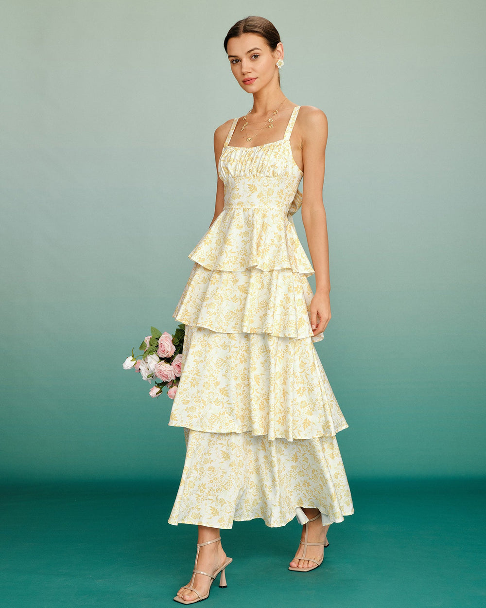 Yellow Floral Ruched Slip Maxi Dress | Rihoas