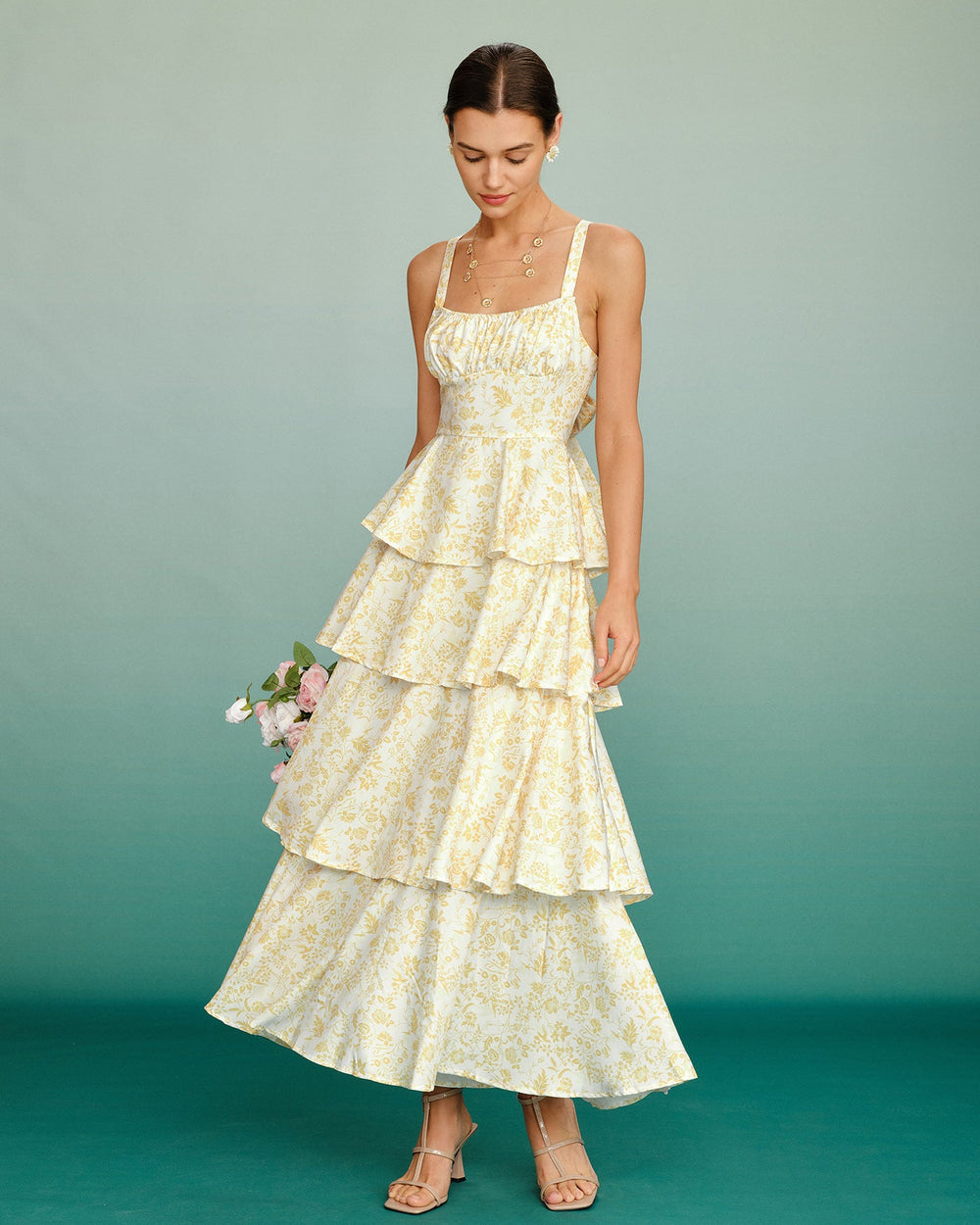 Yellow Floral Ruched Slip Maxi Dress | Rihoas