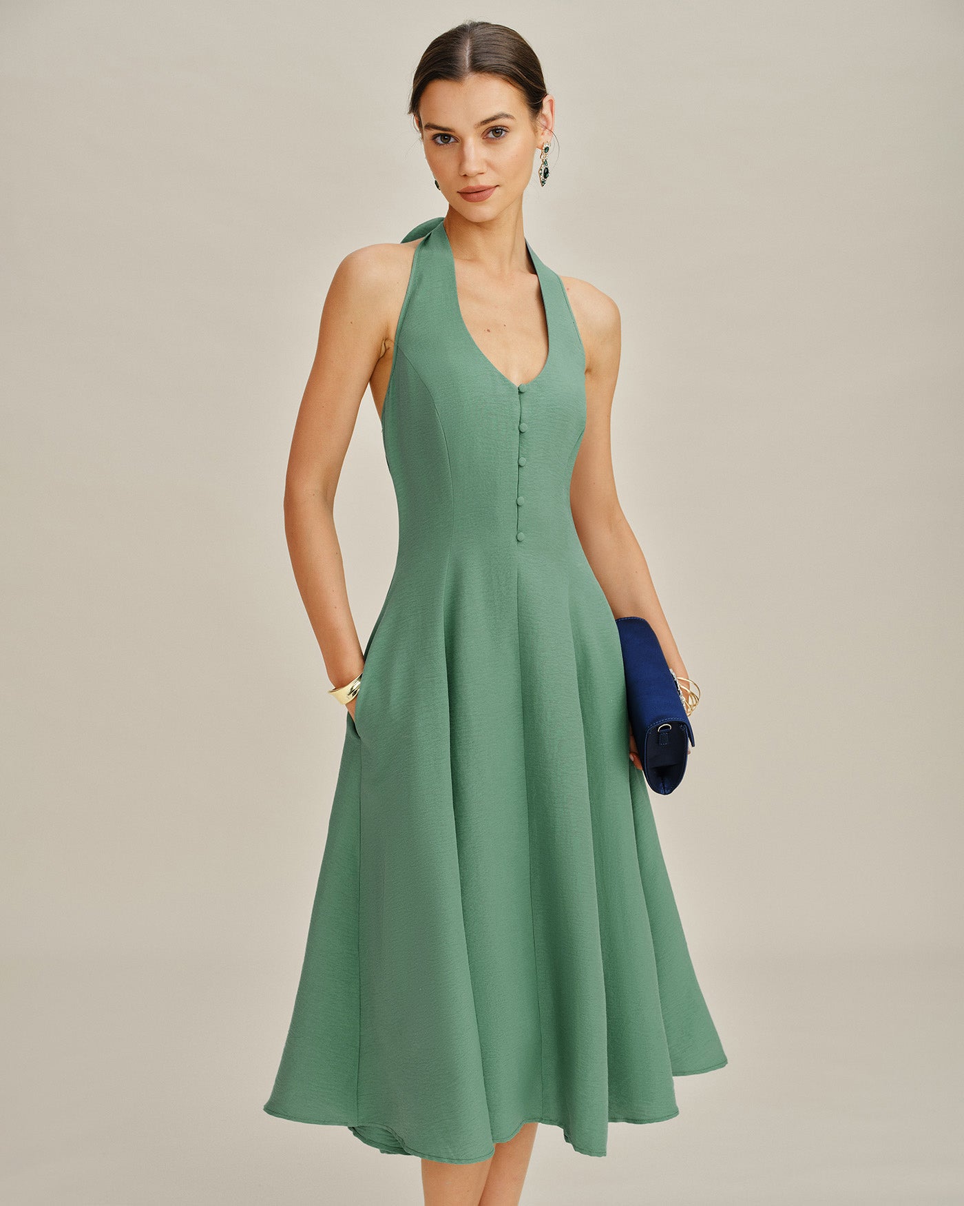 Green Halter Button Pockets Midi Dress | Rihoas