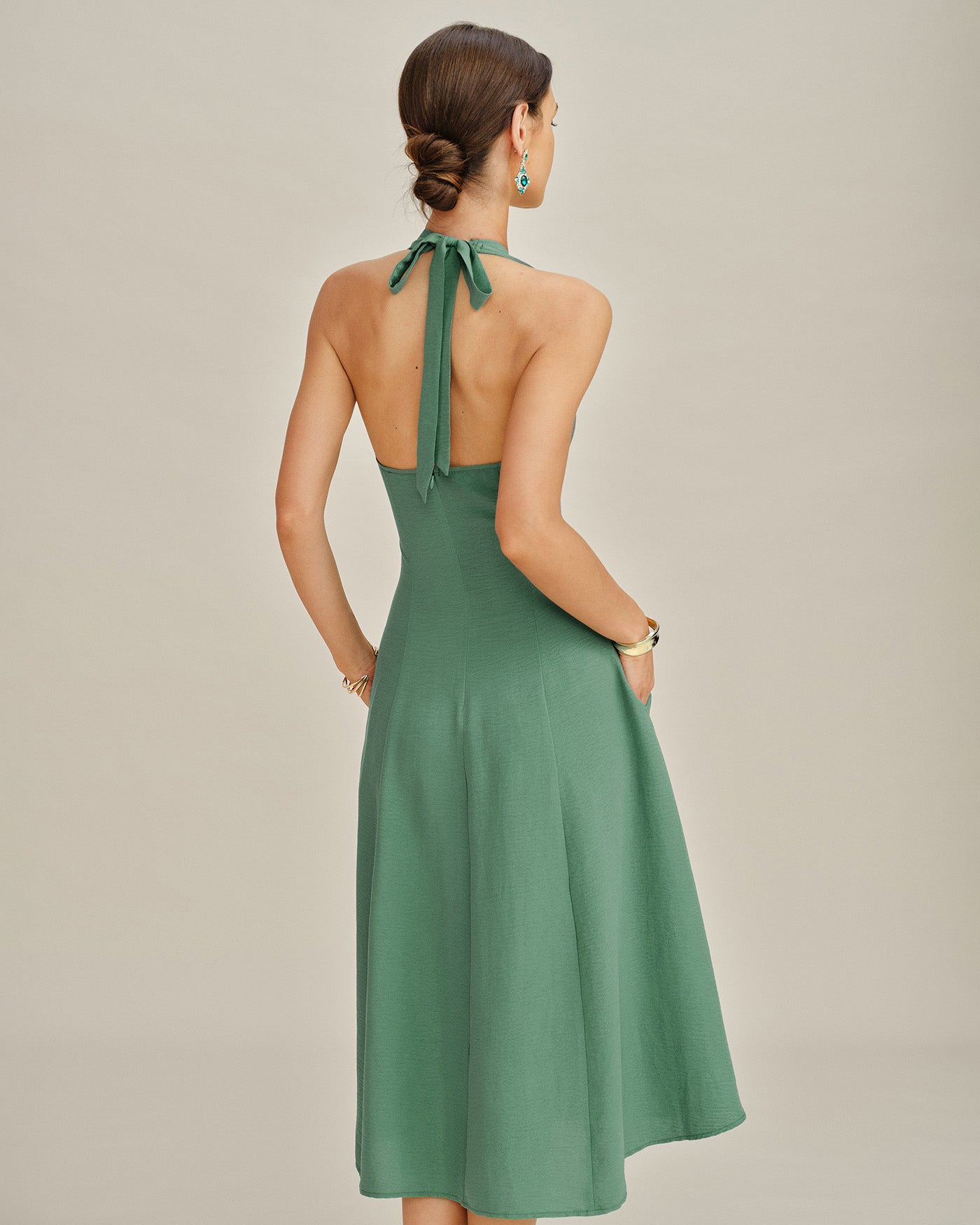 Green Halter Button Pockets Midi Dress | Rihoas