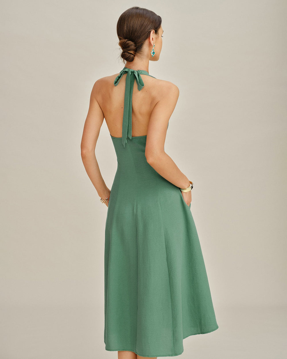 Green Halter Button Pockets Midi Dress | Rihoas