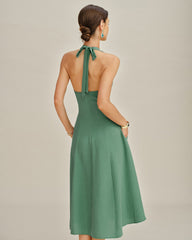 Green Halter Button Pockets Midi Dress | Rihoas
