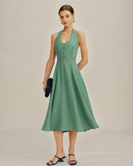 Green Halter Button Pockets Midi Dress | Rihoas