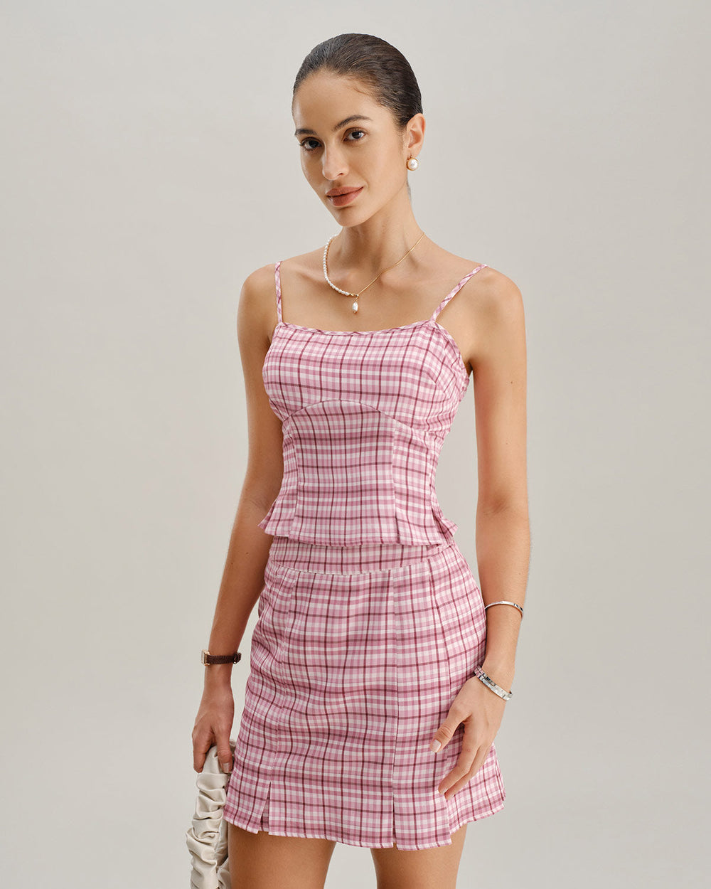 Pink Plaid Straight Mini Skirt | Rihoas