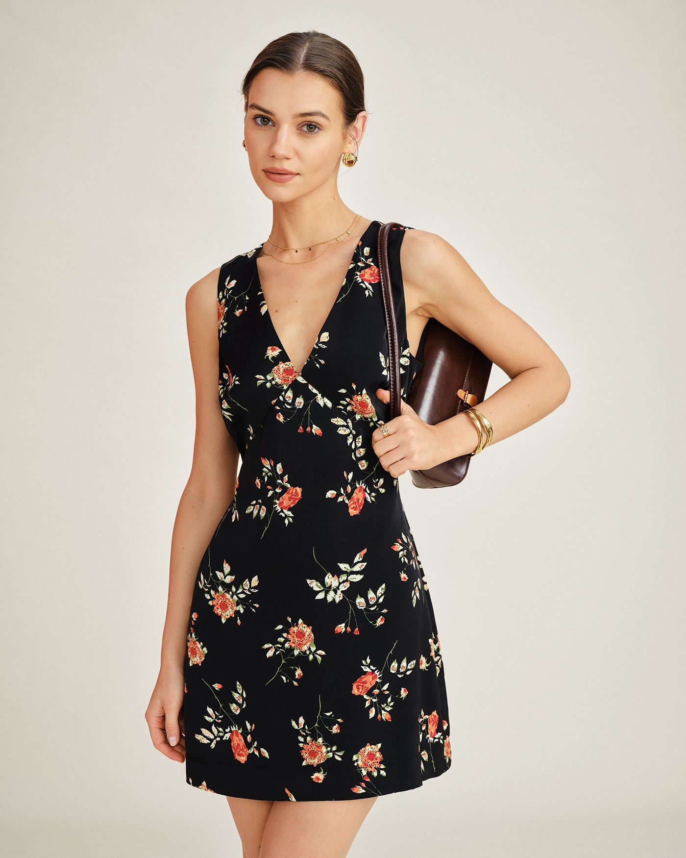 Black V Neck Floral A-Line Mini Dress | Rihoas