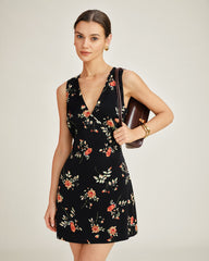 Black V Neck Floral A-Line Mini Dress | Rihoas