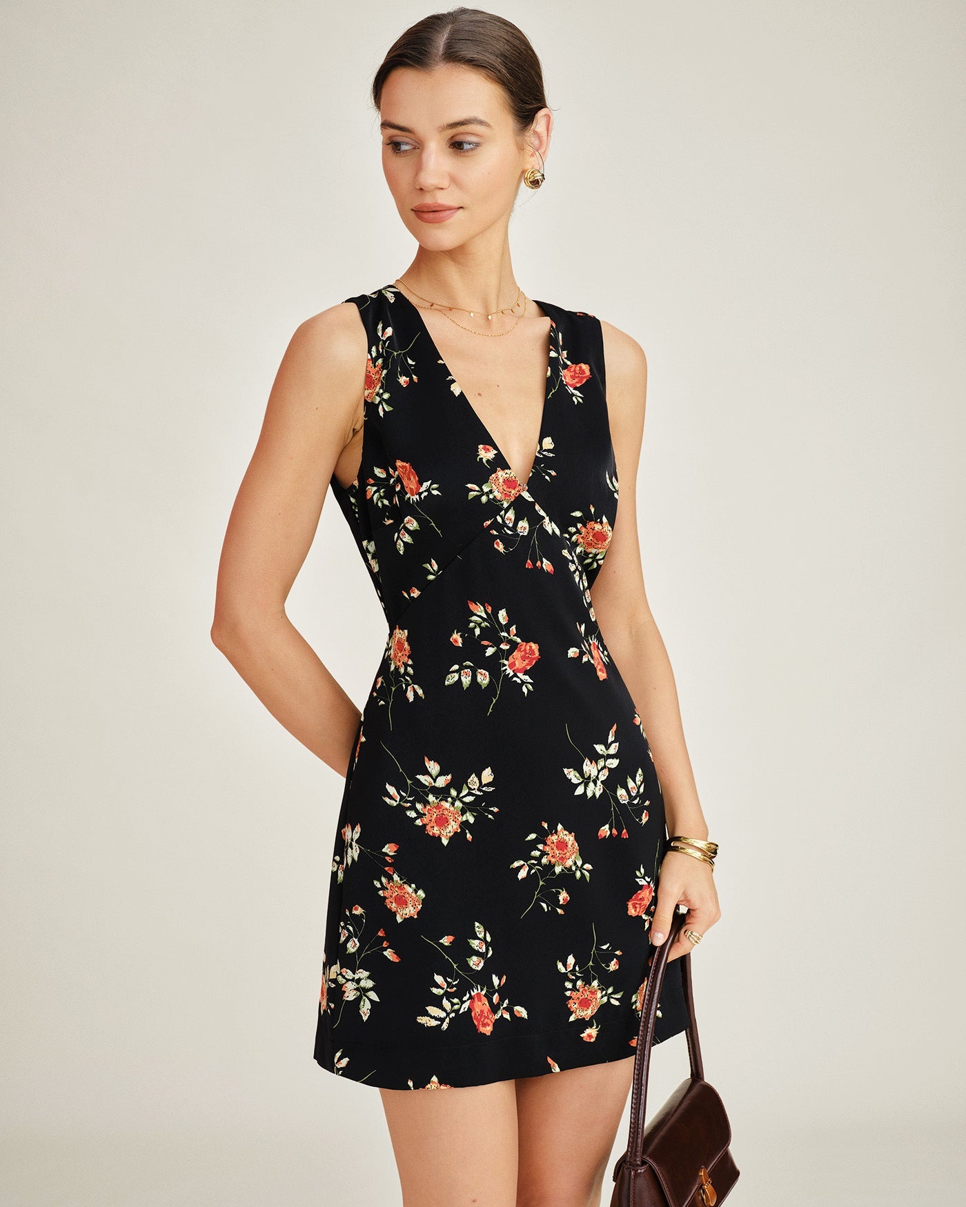 Black V Neck Floral A-Line Mini Dress | Rihoas