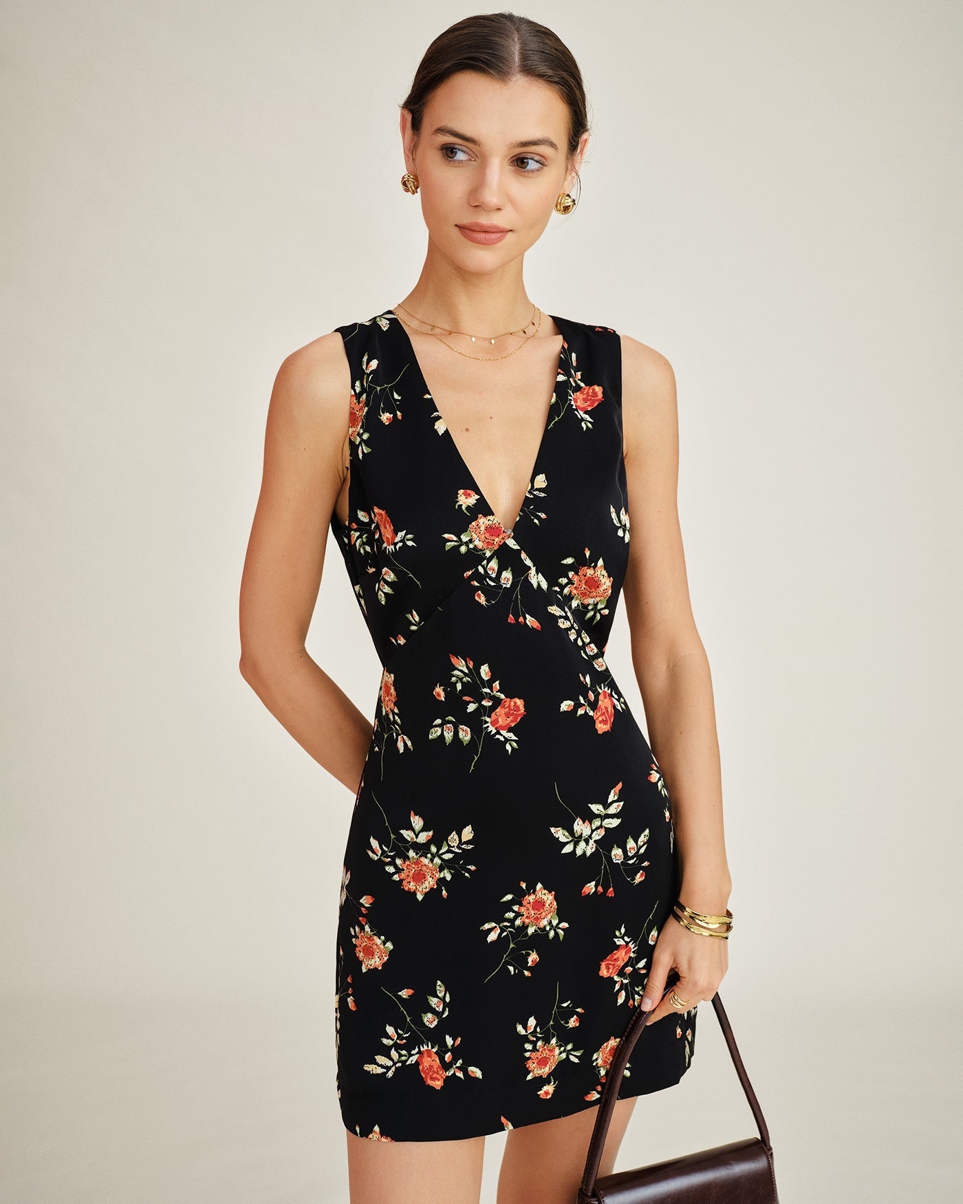 Black V Neck Floral A-Line Mini Dress | Rihoas