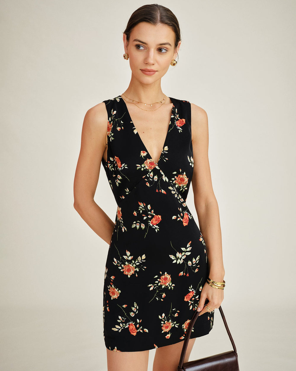 Black V Neck Floral A-Line Mini Dress | Rihoas