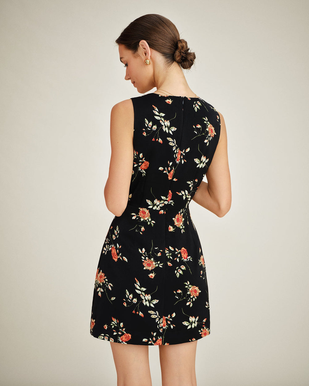 Black V Neck Floral A-Line Mini Dress | Rihoas