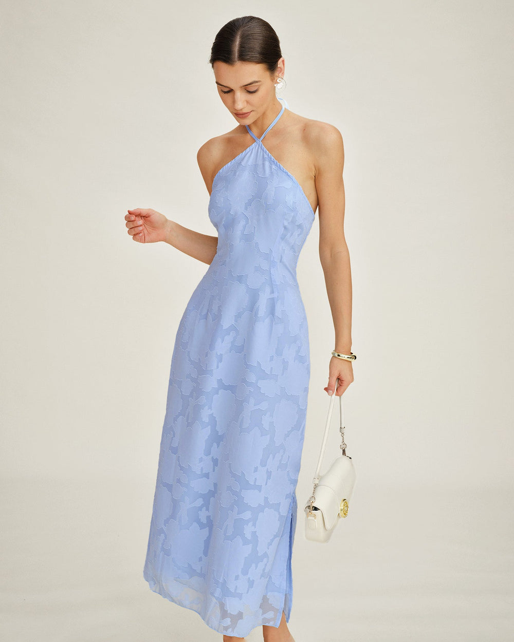 Blue Halter Jacquard Slip Maxi Dress | Rihoas