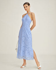 Blue Halter Jacquard Slip Maxi Dress | Rihoas