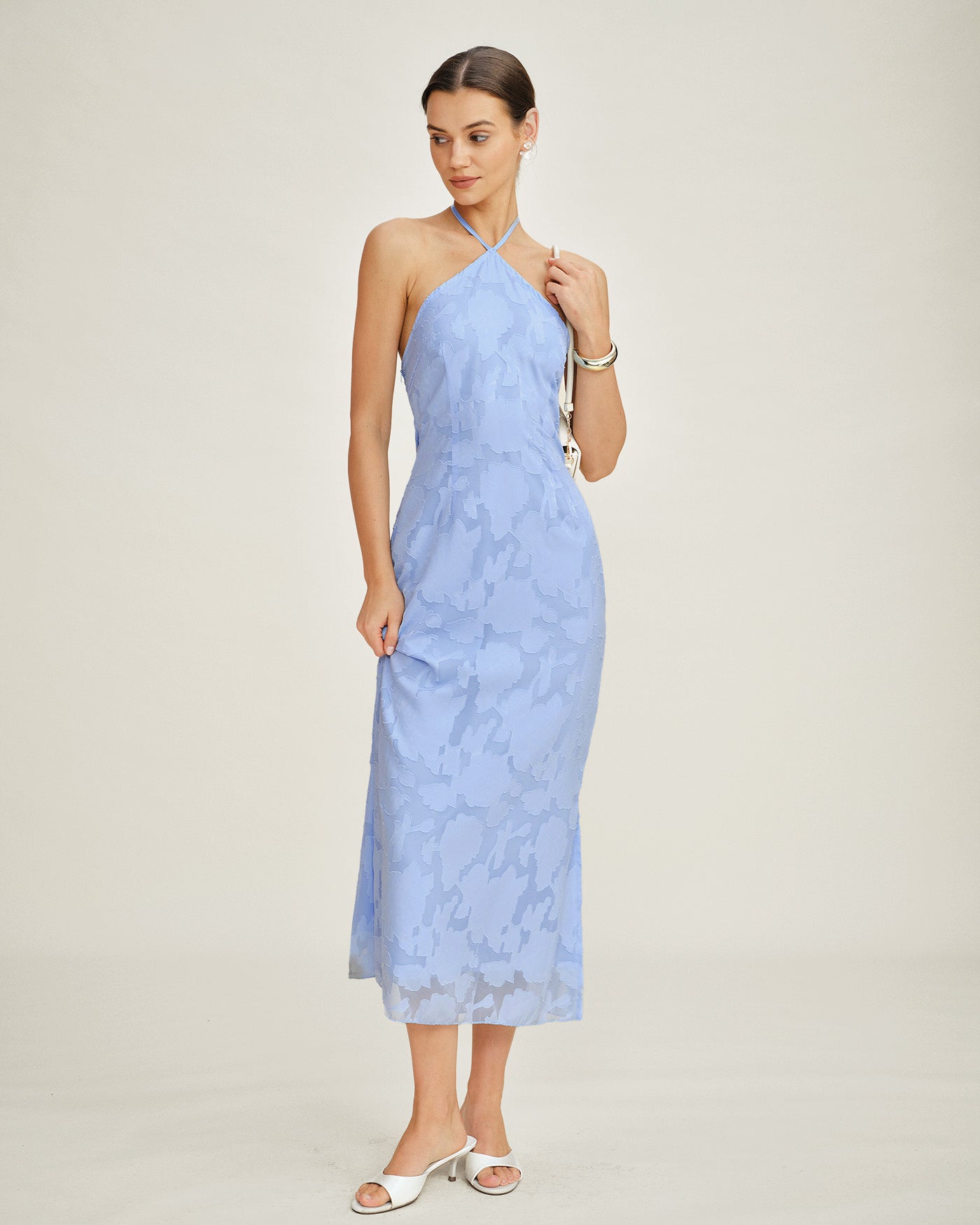 Blue Halter Jacquard Slip Maxi Dress | Rihoas