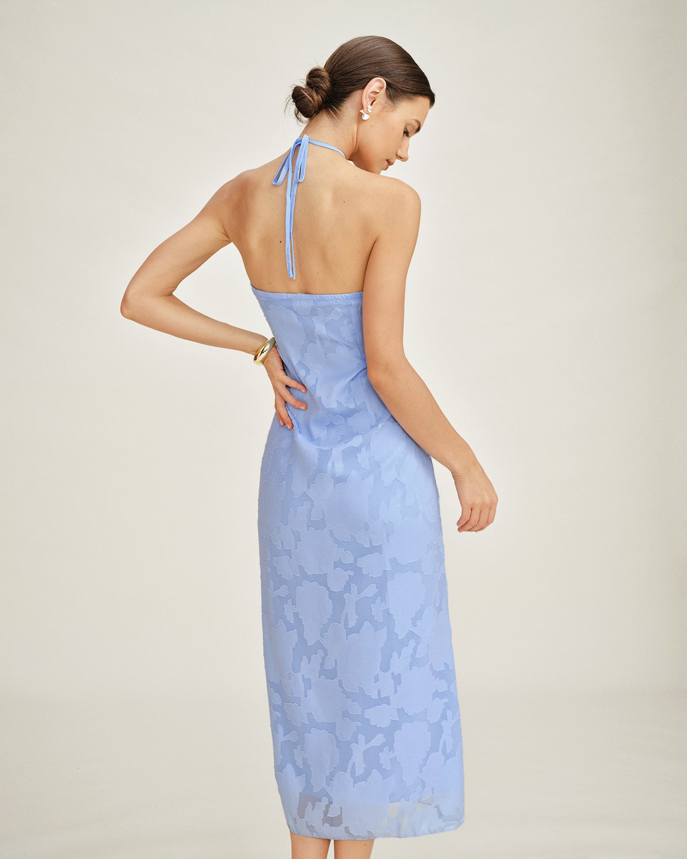 Blue Halter Jacquard Slip Maxi Dress | Rihoas