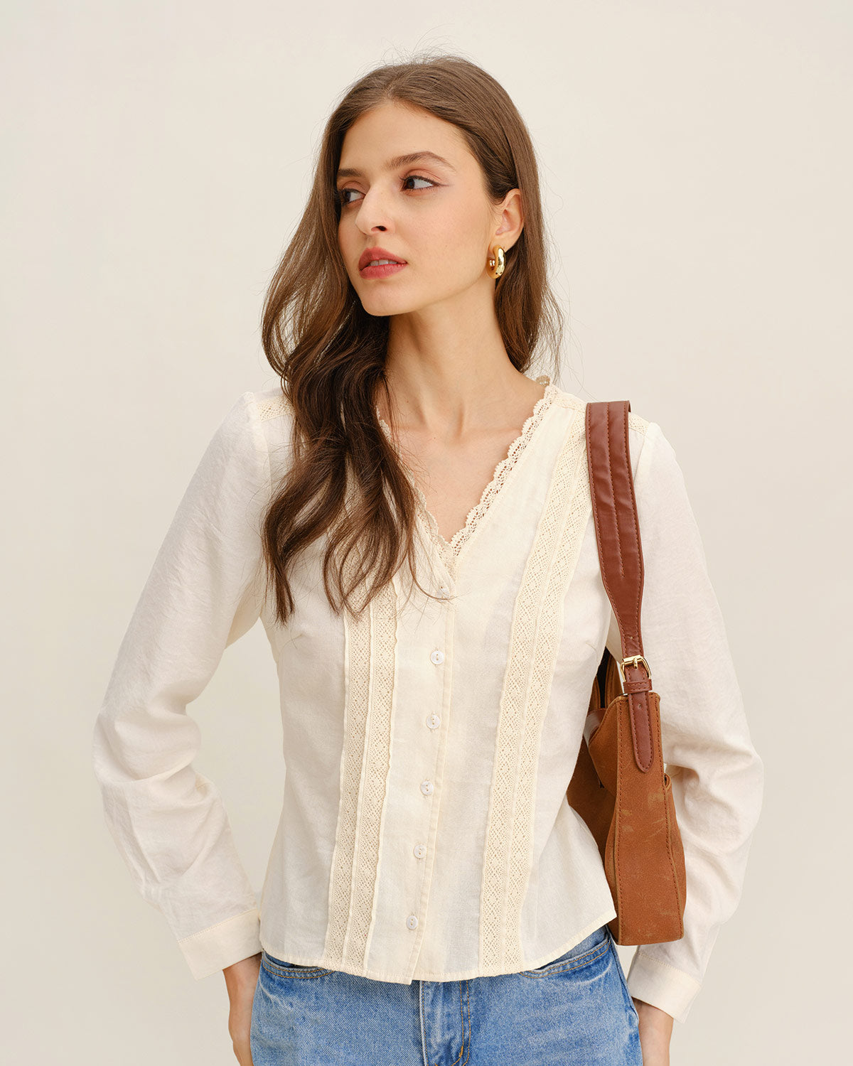 Apricot V Neck Lace Shirt | Rihoas