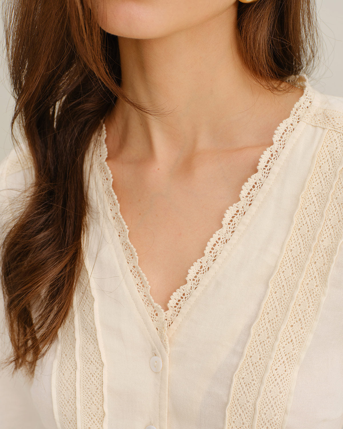 Apricot V Neck Lace Shirt | Rihoas