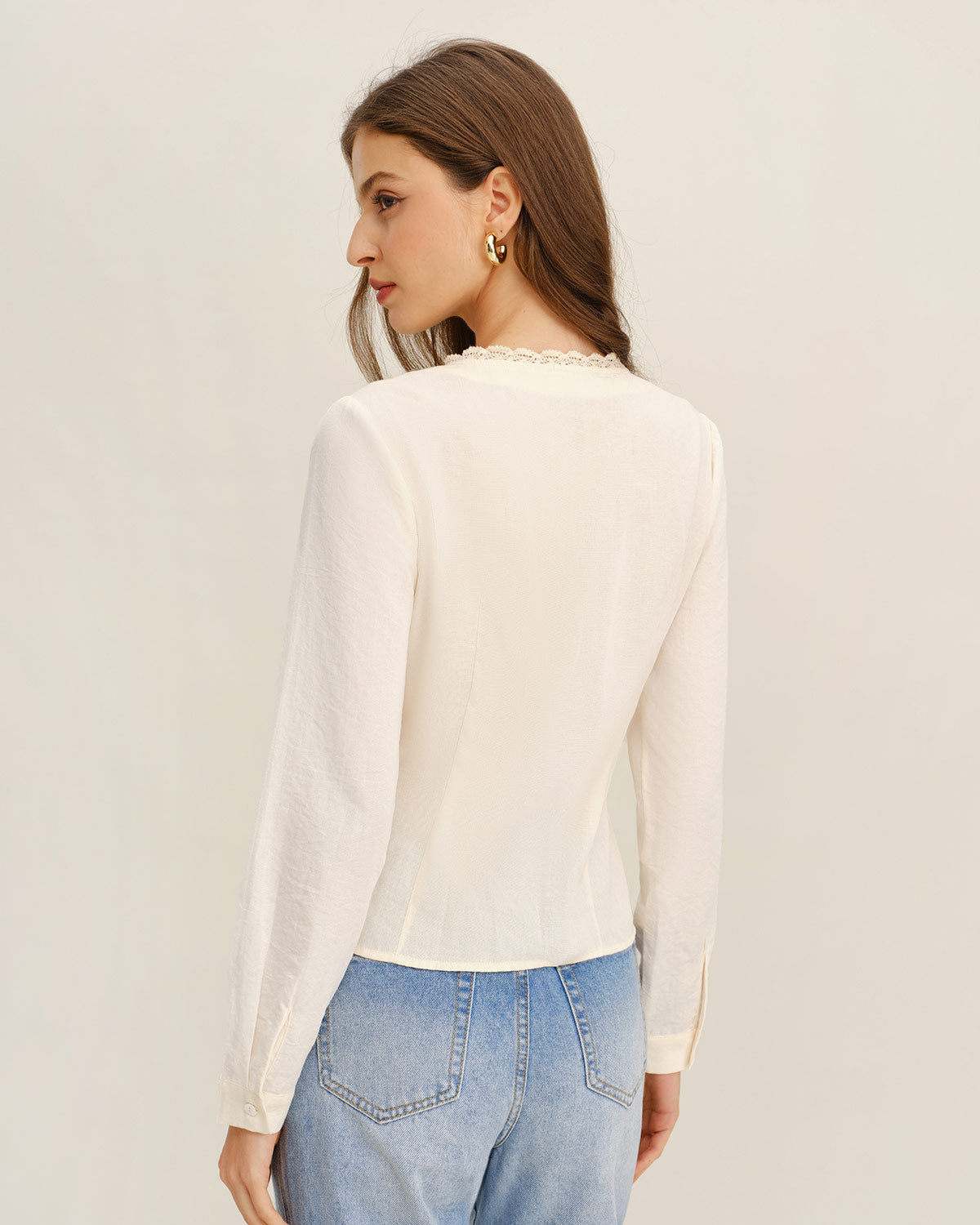 Apricot V Neck Lace Shirt | Rihoas