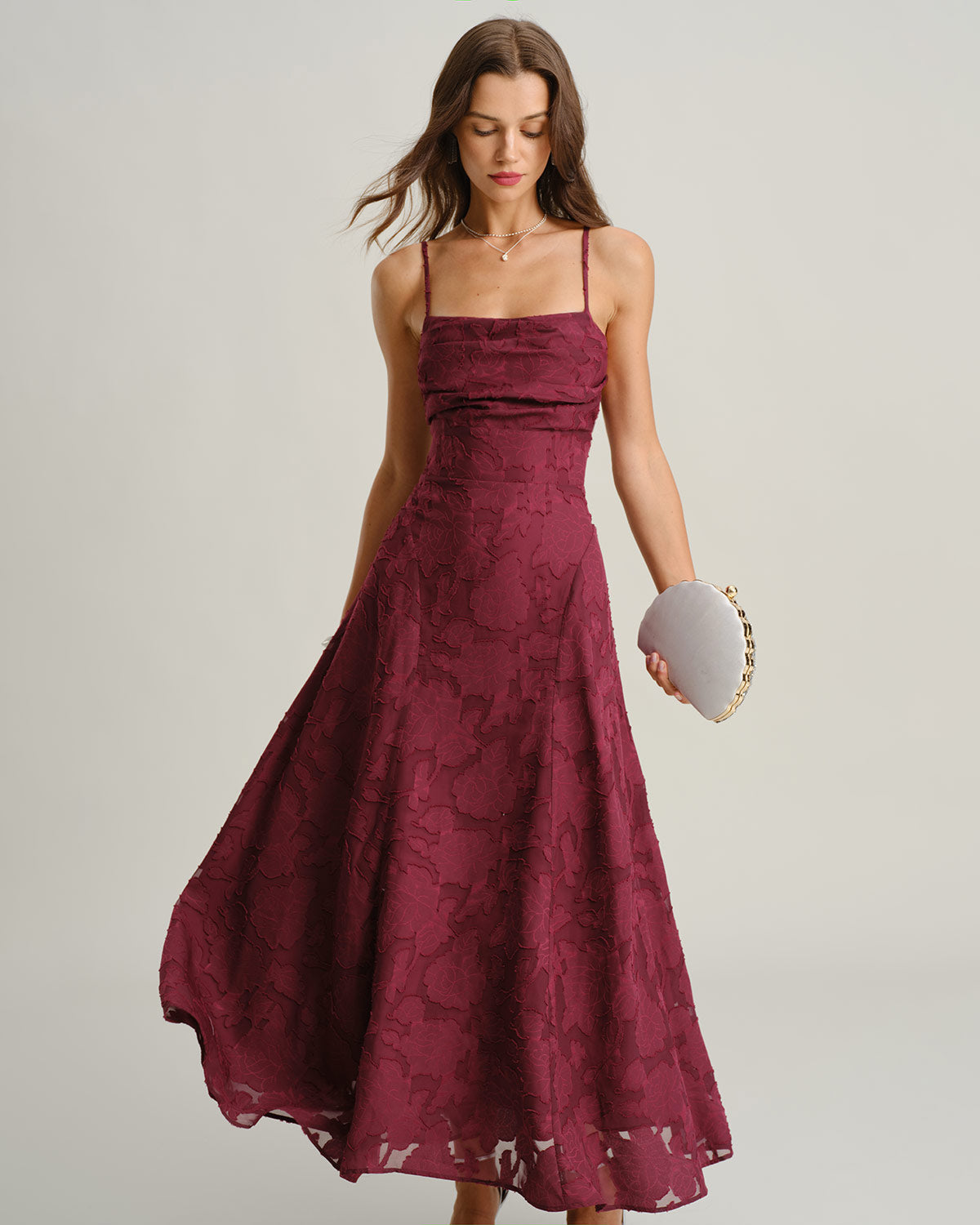 Wine Red Jacquard Slip Maxi Dress | Rihoas