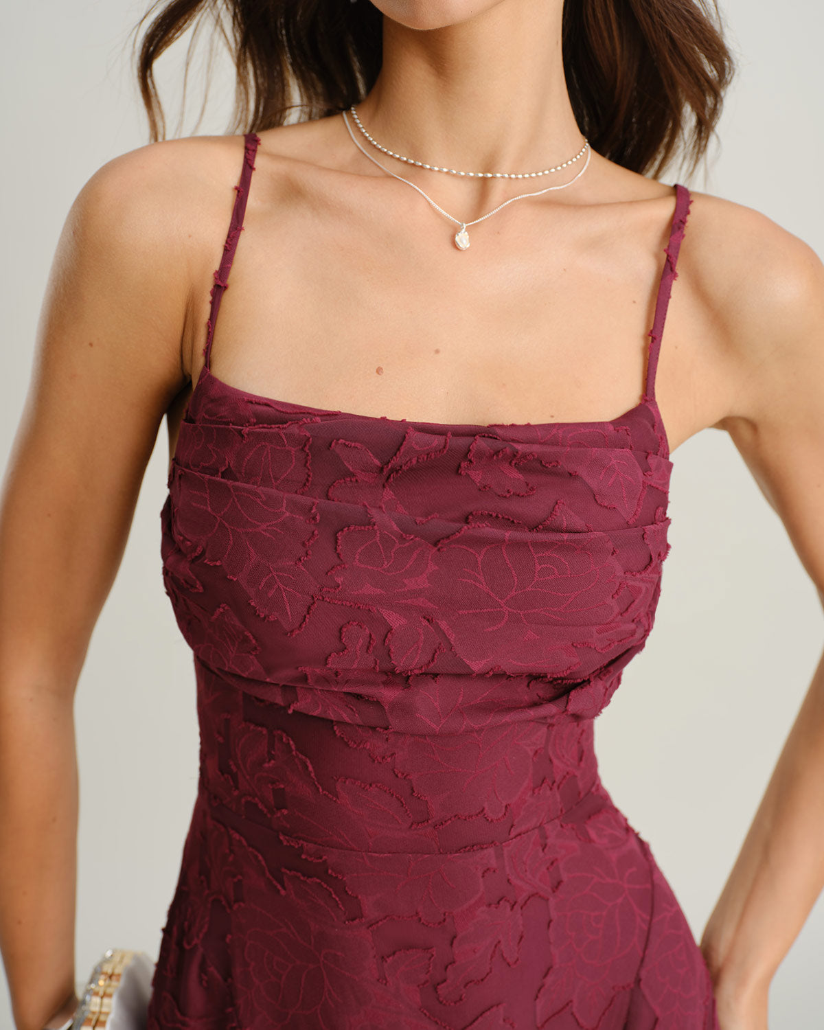 Wine Red Jacquard Slip Maxi Dress | Rihoas