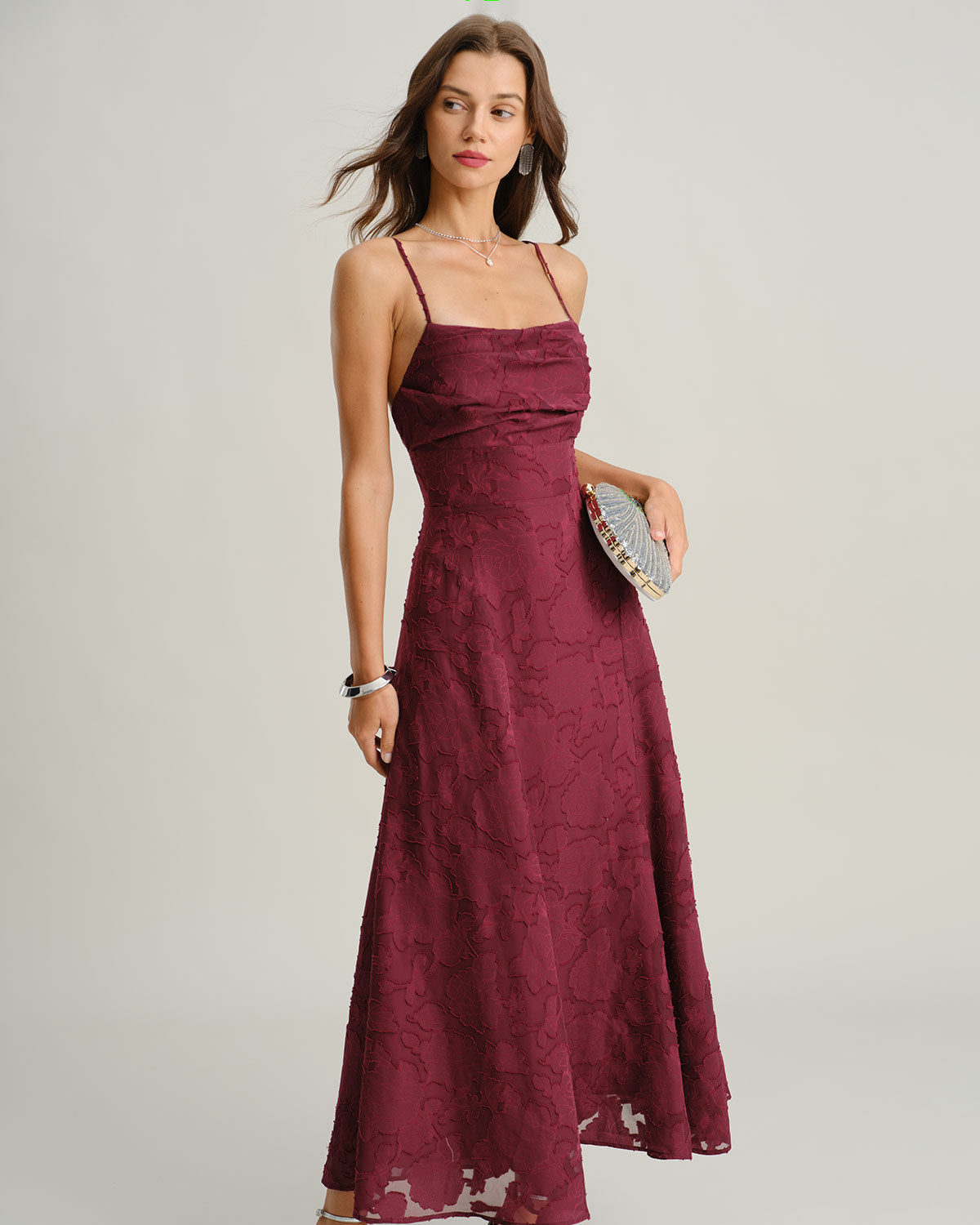 Wine Red Jacquard Slip Maxi Dress | Rihoas