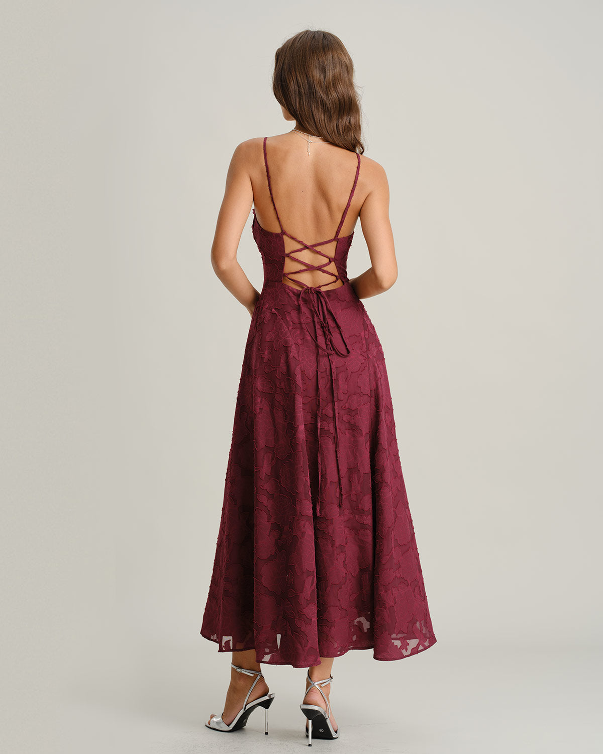 Wine Red Jacquard Slip Maxi Dress | Rihoas