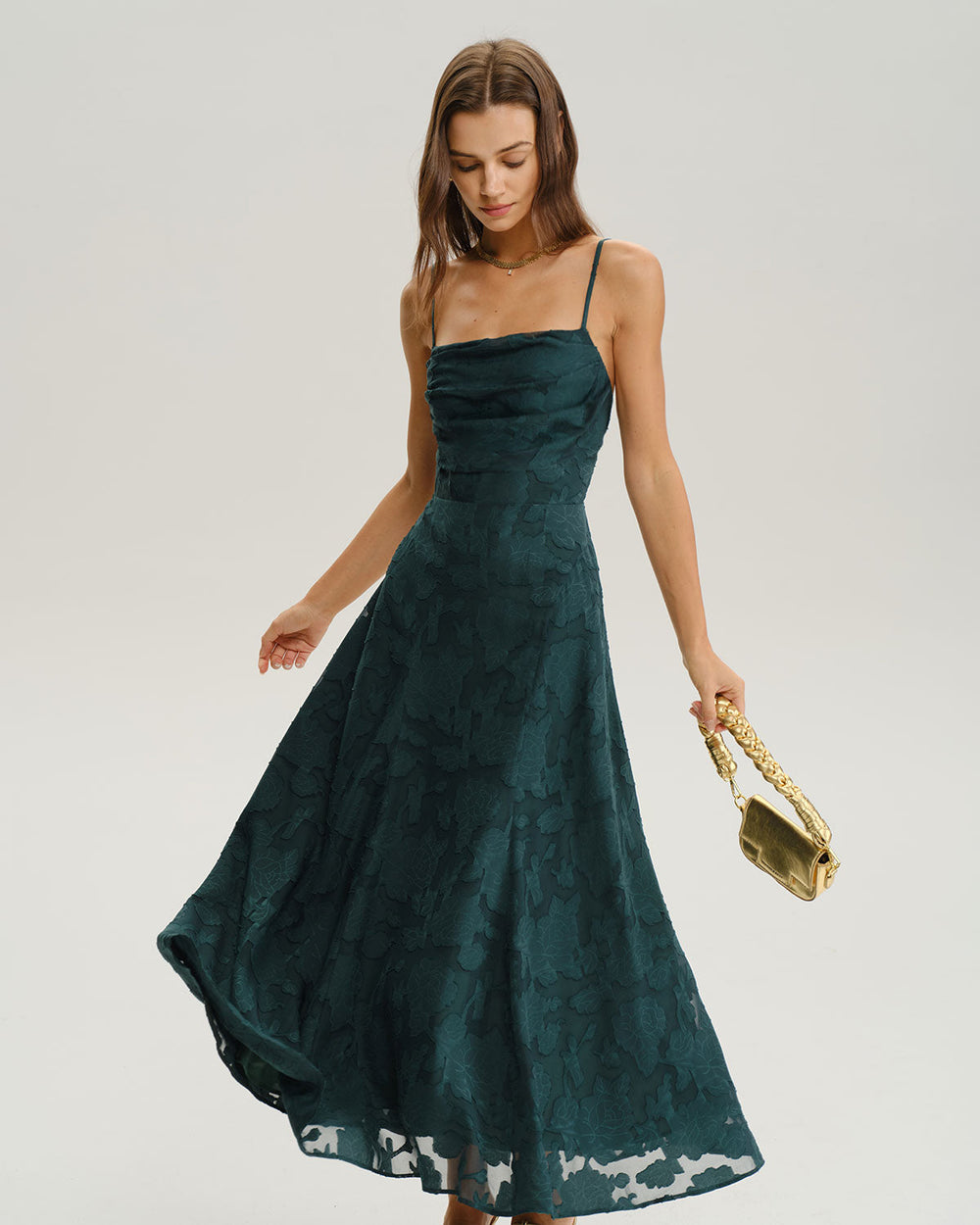 Green Jacquard A-Line Slip Maxi Dress | Rihoas