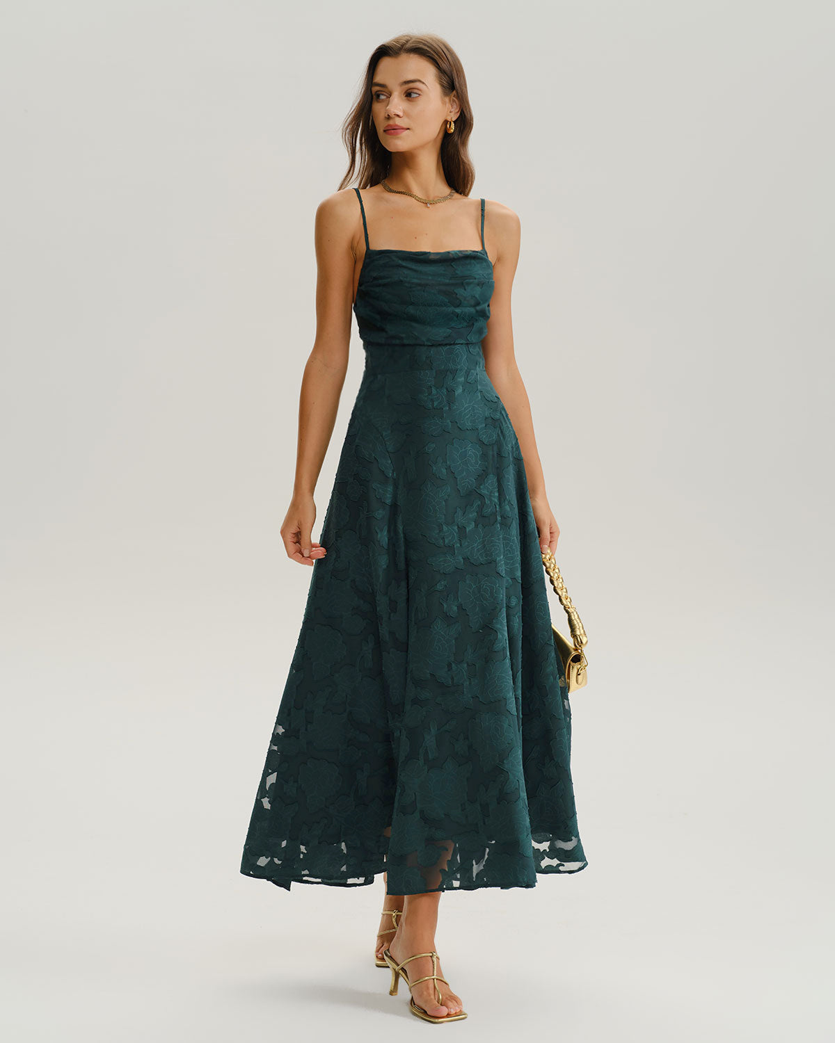 Green Jacquard A-Line Slip Maxi Dress | Rihoas