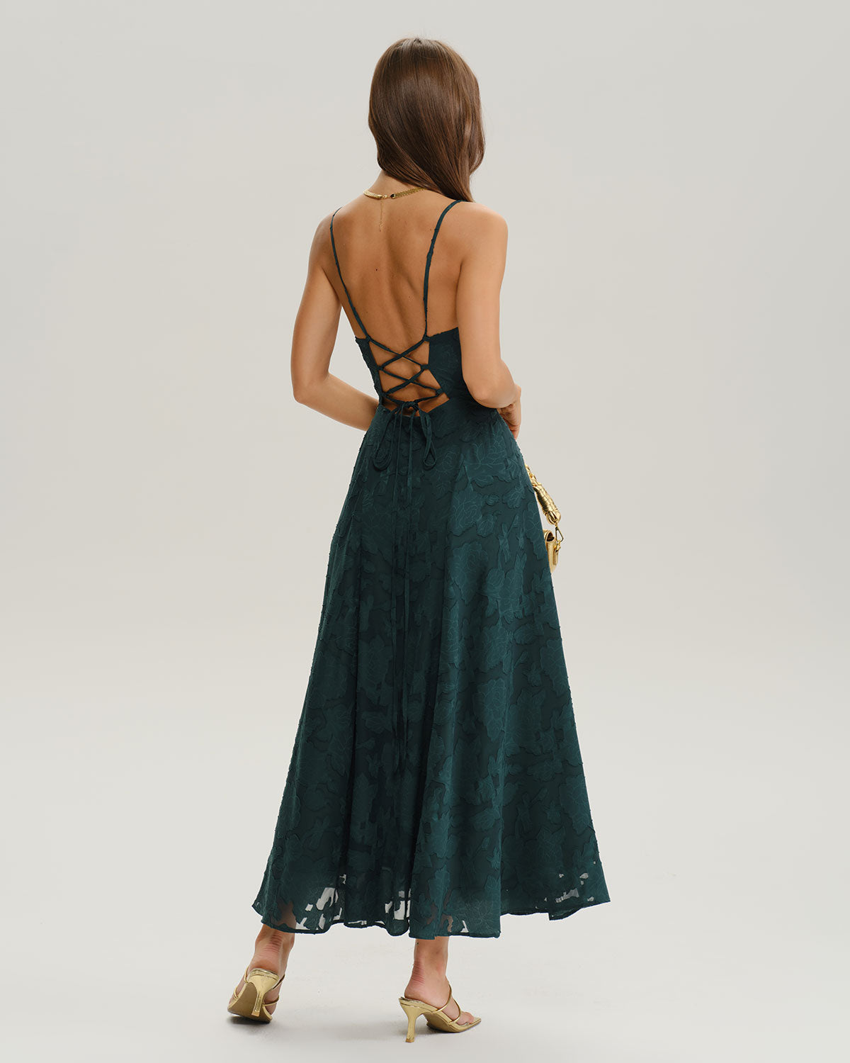 Green Jacquard A-Line Slip Maxi Dress | Rihoas